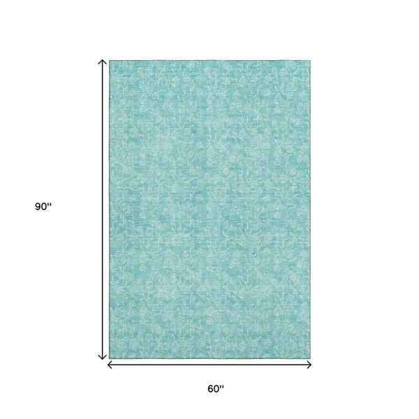 HomeRoots 5' X 8' Elegant Teal & Ivory Floral Area Rug – Washable, UV-Protected, Durable for Homes with Kids & Pets 656426