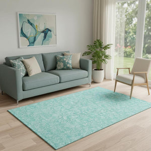 HomeRoots 5' X 8' Elegant Teal & Ivory Floral Area Rug – Washable, UV-Protected, Durable for Homes with Kids & Pets 656426