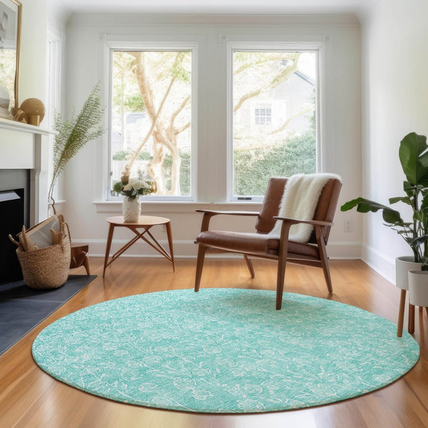 HomeRoots 8' Teal and Ivory Floral Washable Round Rug – Durable, UV-Protected Design for Easy Care & Style 656427