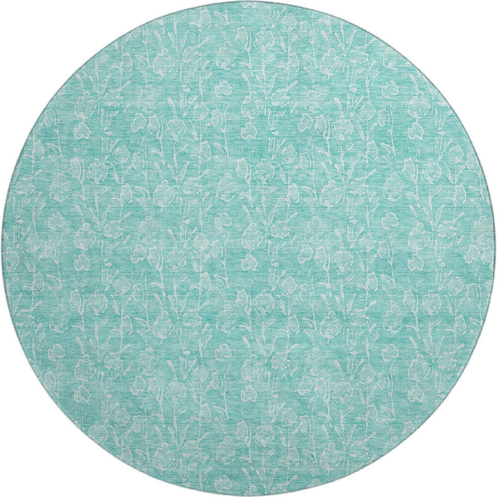 HomeRoots 8' Teal and Ivory Floral Washable Round Rug – Durable, UV-Protected Design for Easy Care & Style 656427