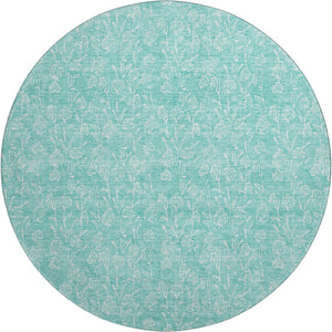 HomeRoots 8' Teal and Ivory Floral Washable Round Rug – Durable, UV-Protected Design for Easy Care & Style 656427