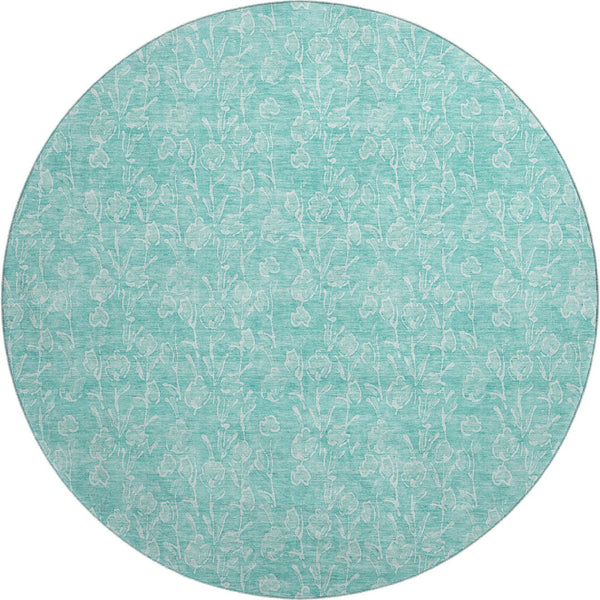HomeRoots 8' Teal and Ivory Floral Washable Round Rug – Durable, UV-Protected Design for Easy Care & Style 656427