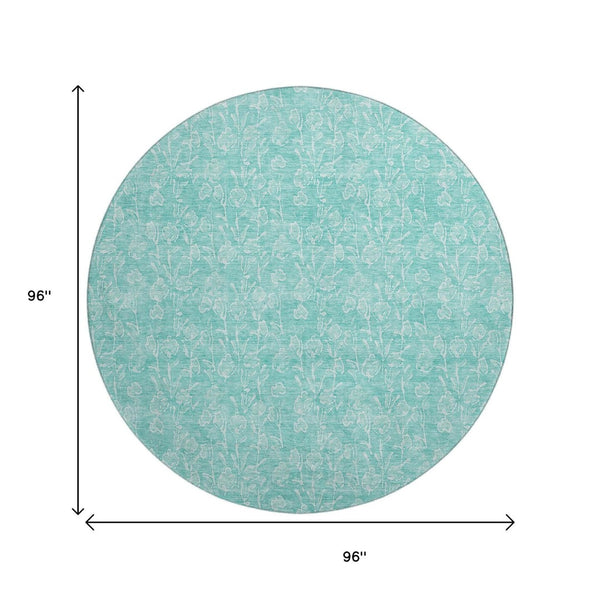 HomeRoots 8' Teal and Ivory Floral Washable Round Rug – Durable, UV-Protected Design for Easy Care & Style 656427