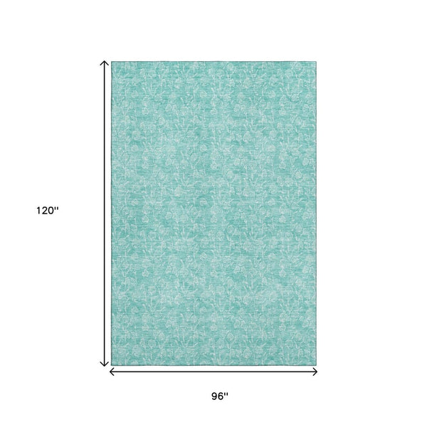 HomeRoots 8' X 10' Teal and Ivory Floral Washable Area Rug - Stylish, Durable, UV-Protected for High Traffic Areas 656428