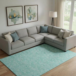 HomeRoots 8' X 10' Teal and Ivory Floral Washable Area Rug - Stylish, Durable, UV-Protected for High Traffic Areas 656428