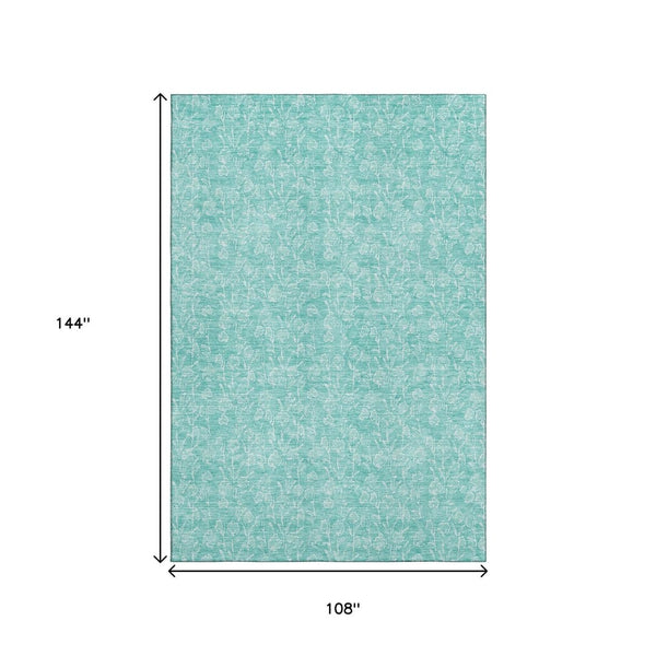 HomeRoots 9' X 12' Teal And Ivory Floral Area Rug - Washable, UV-Protected, Perfect for High-Traffic Spaces! 656429