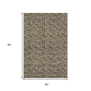 HomeRoots 5' X 8' Floral Area Rug in Brown & Ivory - Washable, UV Protected, Stain Resistant for Family Rooms 656432