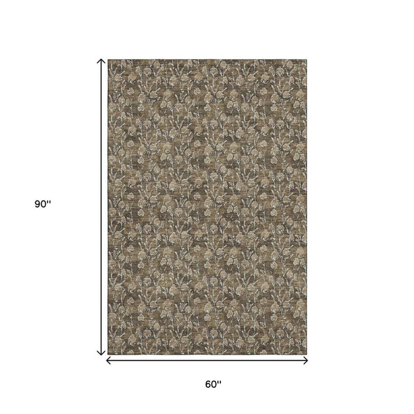 HomeRoots 5' X 8' Floral Area Rug in Brown & Ivory - Washable, UV Protected, Stain Resistant for Family Rooms 656432