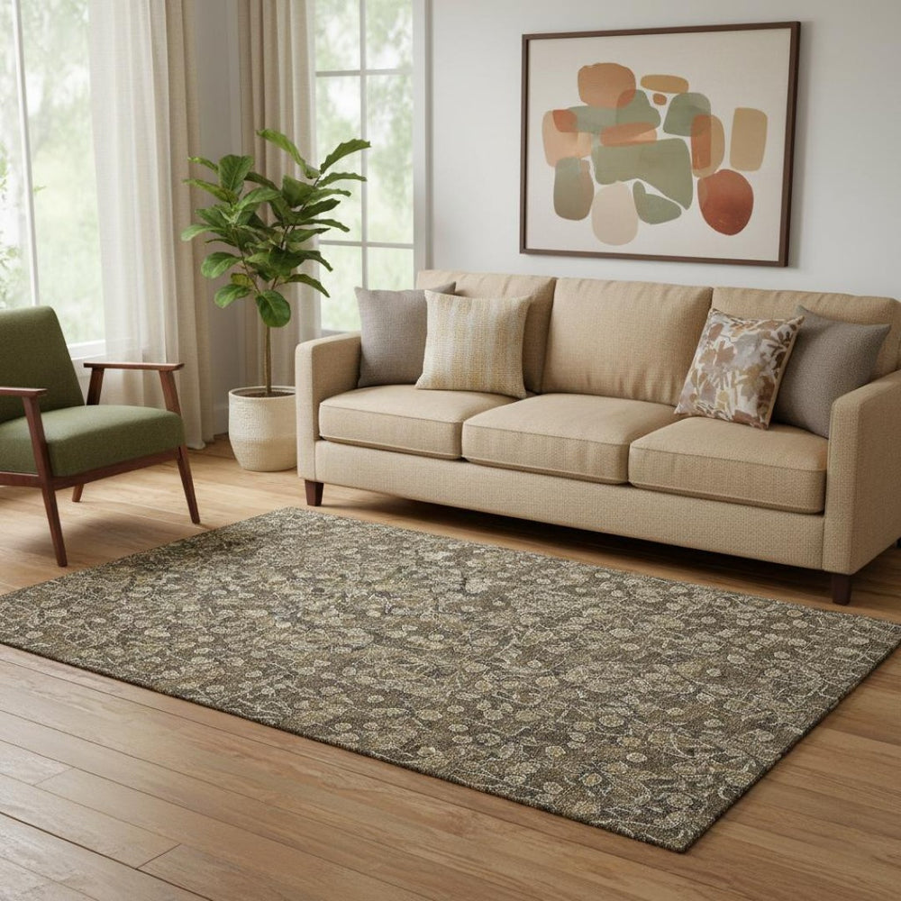 HomeRoots 5' X 8' Floral Area Rug in Brown & Ivory - Washable, UV Protected, Stain Resistant for Family Rooms 656432