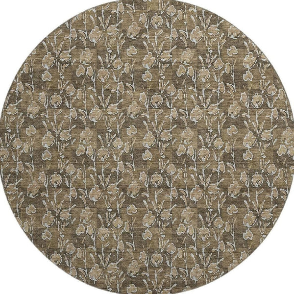 HomeRoots 8' Brown And Ivory Floral Round Rug - Washable, UV Protected, Durable Design for Busy Homes 656433