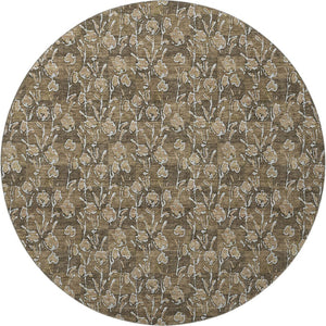 HomeRoots 8' Brown And Ivory Floral Round Rug - Washable, UV Protected, Durable Design for Busy Homes 656433