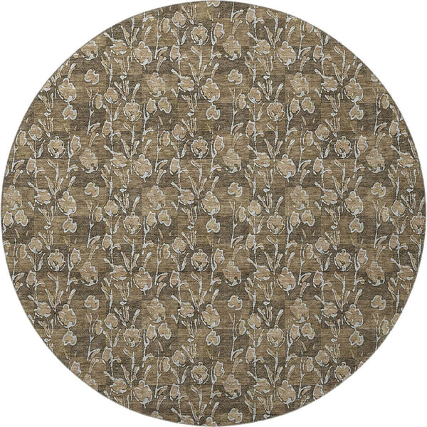 HomeRoots 8' Brown And Ivory Floral Round Rug - Washable, UV Protected, Durable Design for Busy Homes 656433