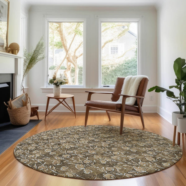 HomeRoots 8' Brown And Ivory Floral Round Rug - Washable, UV Protected, Durable Design for Busy Homes 656433