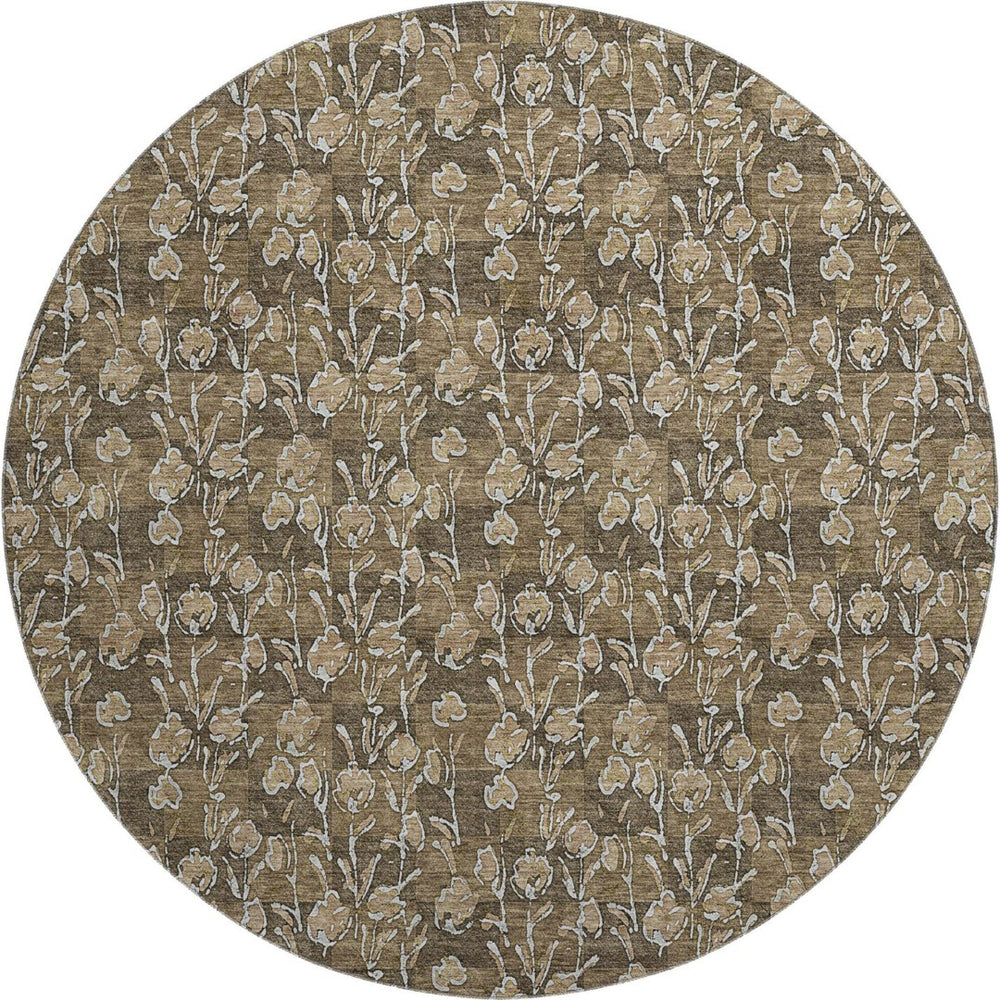 HomeRoots 8' Brown And Ivory Floral Round Rug - Washable, UV Protected, Durable Design for Busy Homes 656433