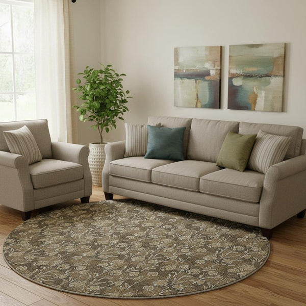 HomeRoots 8' Brown And Ivory Floral Round Rug - Washable, UV Protected, Durable Design for Busy Homes 656433