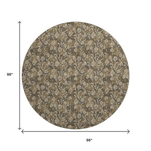 HomeRoots 8' Brown And Ivory Floral Round Rug - Washable, UV Protected, Durable Design for Busy Homes 656433
