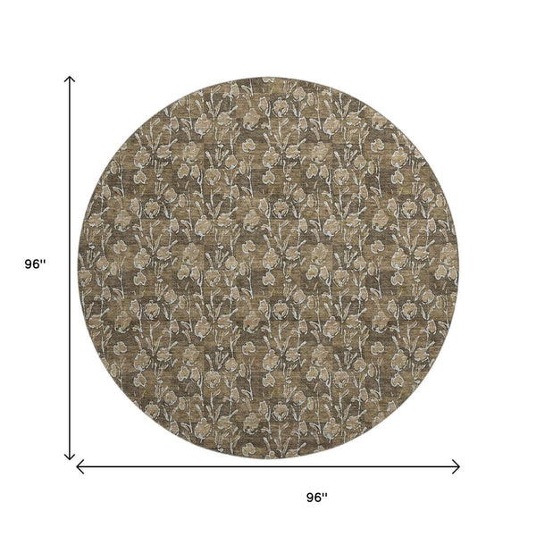 HomeRoots 8' Brown And Ivory Floral Round Rug - Washable, UV Protected, Durable Design for Busy Homes 656433