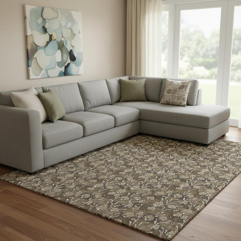 HomeRoots 9' X 12' Brown Floral Washable Area Rug with UV Protection - Durable, Stylish & Pet-Friendly Decor 656435