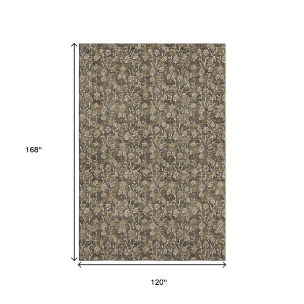 HomeRoots 10' Brown & Ivory Floral Washable Area Rug – Durable, Stain-Resistant, UV Protected for Homes 656436