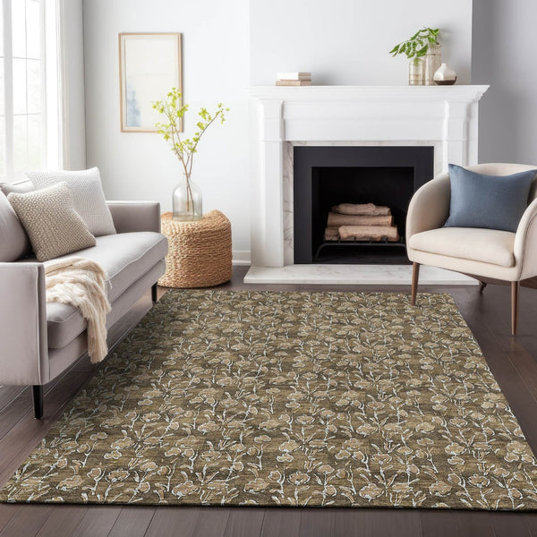 HomeRoots 10' Brown & Ivory Floral Washable Area Rug – Durable, Stain-Resistant, UV Protected for Homes 656436