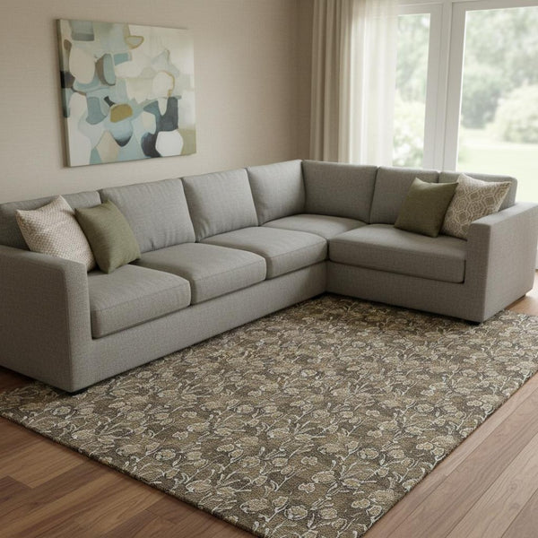 HomeRoots 10' Brown & Ivory Floral Washable Area Rug – Durable, Stain-Resistant, UV Protected for Homes 656436