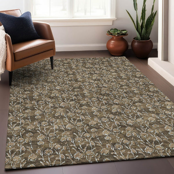 HomeRoots 10' Brown & Ivory Floral Washable Area Rug – Durable, Stain-Resistant, UV Protected for Homes 656436