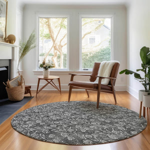 HomeRoots 8' Gray and Silver Floral Washable Round Rug - Durable, UV Protected, Perfect for Homes with Kids & Pets 656439