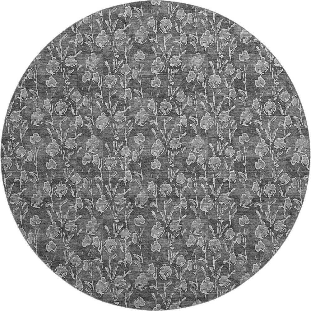 HomeRoots 8' Gray and Silver Floral Washable Round Rug - Durable, UV Protected, Perfect for Homes with Kids & Pets 656439