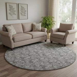 HomeRoots 8' Gray and Silver Floral Washable Round Rug - Durable, UV Protected, Perfect for Homes with Kids & Pets 656439