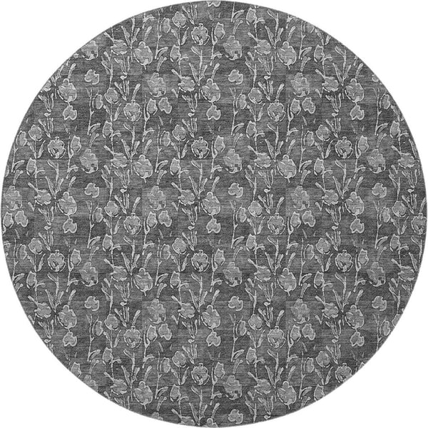 HomeRoots 8' Gray and Silver Floral Washable Round Rug - Durable, UV Protected, Perfect for Homes with Kids & Pets 656439