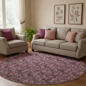 HomeRoots 8' Merlot And Ivory Floral Round Rug - Washable, UV-Protected, Stain-Resistant for Family Homes 656445
