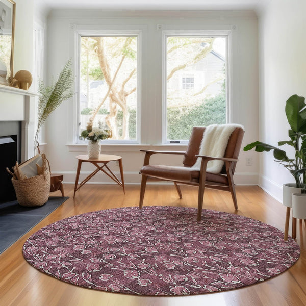 HomeRoots 8' Merlot And Ivory Floral Round Rug - Washable, UV-Protected, Stain-Resistant for Family Homes 656445