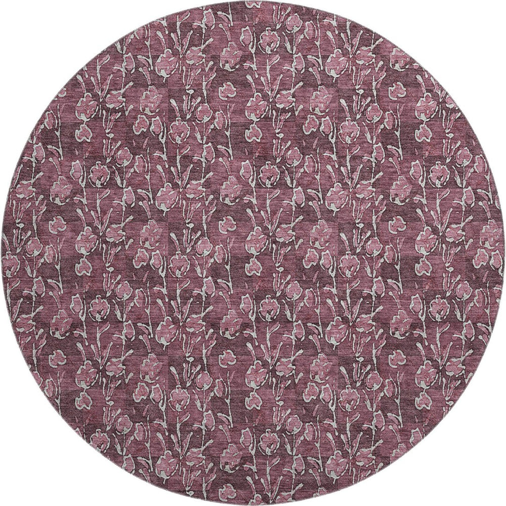 HomeRoots 8' Merlot And Ivory Floral Round Rug - Washable, UV-Protected, Stain-Resistant for Family Homes 656445