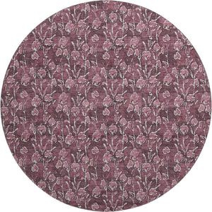 HomeRoots 8' Merlot And Ivory Floral Round Rug - Washable, UV-Protected, Stain-Resistant for Family Homes 656445