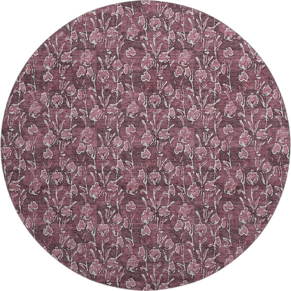 HomeRoots 8' Merlot And Ivory Floral Round Rug - Washable, UV-Protected, Stain-Resistant for Family Homes 656445