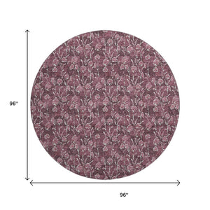HomeRoots 8' Merlot And Ivory Floral Round Rug - Washable, UV-Protected, Stain-Resistant for Family Homes 656445
