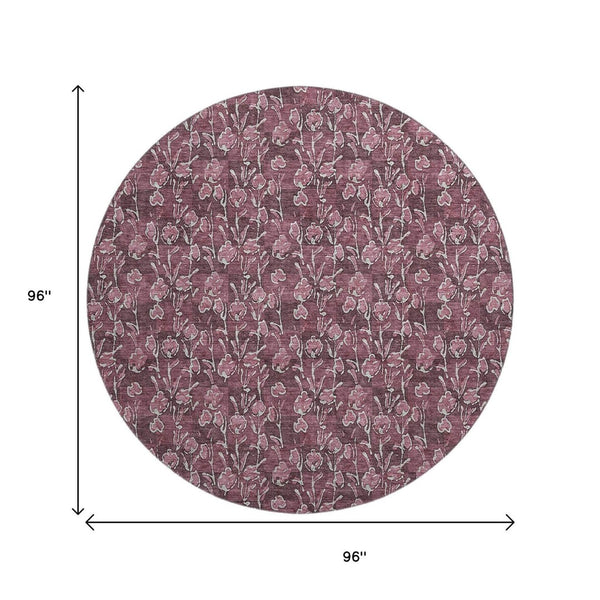 HomeRoots 8' Merlot And Ivory Floral Round Rug - Washable, UV-Protected, Stain-Resistant for Family Homes 656445