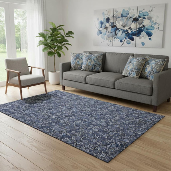 HomeRoots 5' X 8' Navy Blue Floral Washable Area Rug with UV Protection - Durable, Stylish, Easy Care & Pet-Friendly 656450