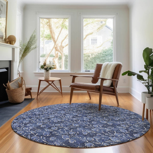 HomeRoots 8' Navy Blue and Ivory Floral Round Rug - Washable, UV-Protected, Durable Design for High-Traffic Areas 656451