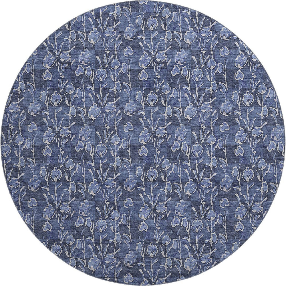 HomeRoots 8' Navy Blue and Ivory Floral Round Rug - Washable, UV-Protected, Durable Design for High-Traffic Areas 656451