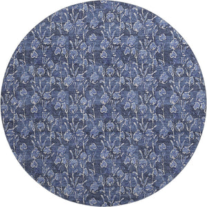 HomeRoots 8' Navy Blue and Ivory Floral Round Rug - Washable, UV-Protected, Durable Design for High-Traffic Areas 656451