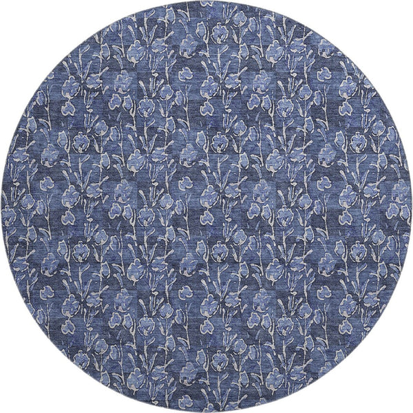 HomeRoots 8' Navy Blue and Ivory Floral Round Rug - Washable, UV-Protected, Durable Design for High-Traffic Areas 656451