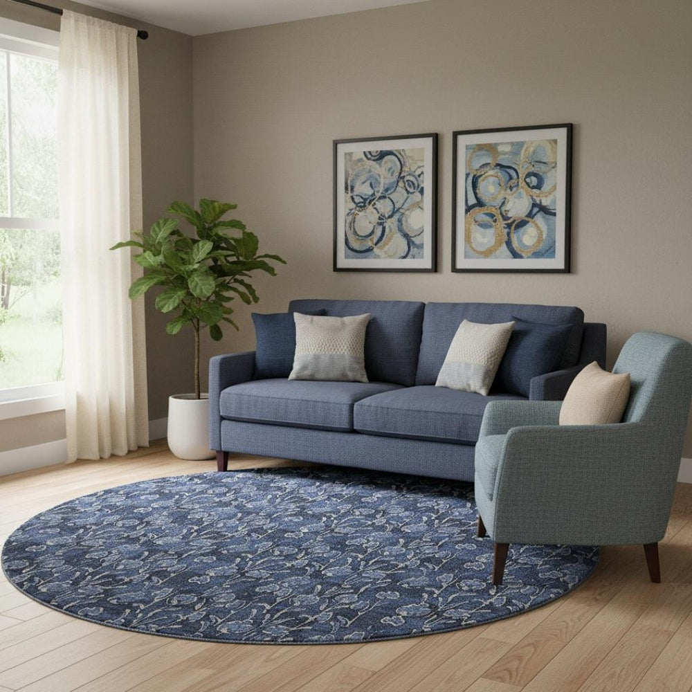 HomeRoots 8' Navy Blue and Ivory Floral Round Rug - Washable, UV-Protected, Durable Design for High-Traffic Areas 656451