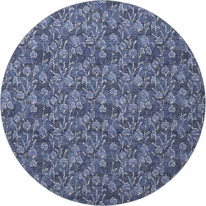 HomeRoots 8' Navy Blue and Ivory Floral Round Rug - Washable, UV-Protected, Durable Design for High-Traffic Areas 656451
