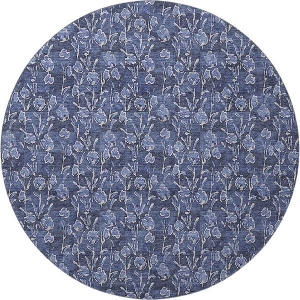 HomeRoots 8' Navy Blue and Ivory Floral Round Rug - Washable, UV-Protected, Durable Design for High-Traffic Areas 656451