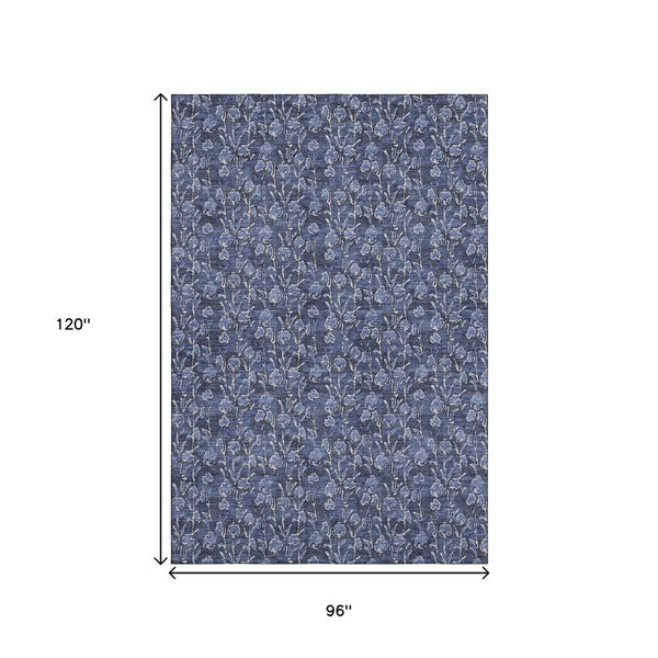 HomeRoots 8' X 10' Navy Blue & Ivory Floral Area Rug - Washable, UV-Protected, Family-Friendly Elegance 656452