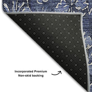 HomeRoots 8' X 10' Navy Blue & Ivory Floral Area Rug - Washable, UV-Protected, Family-Friendly Elegance 656452