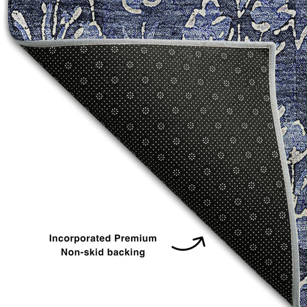 HomeRoots 8' X 10' Navy Blue & Ivory Floral Area Rug - Washable, UV-Protected, Family-Friendly Elegance 656452