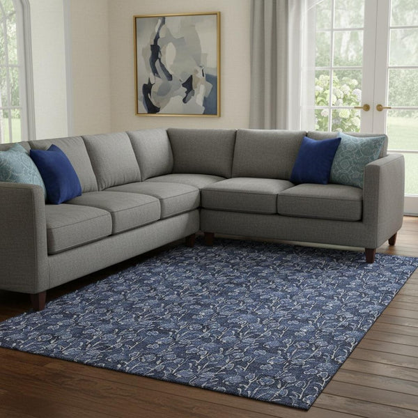 HomeRoots 8' X 10' Navy Blue & Ivory Floral Area Rug - Washable, UV-Protected, Family-Friendly Elegance 656452