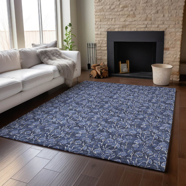 HomeRoots 8' X 10' Navy Blue & Ivory Floral Area Rug - Washable, UV-Protected, Family-Friendly Elegance 656452